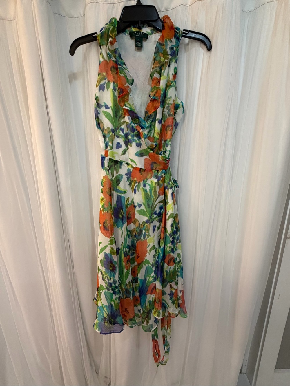 Ralph Lauren One-Shoulder Floral Wrap Dress in White, Orange & Green